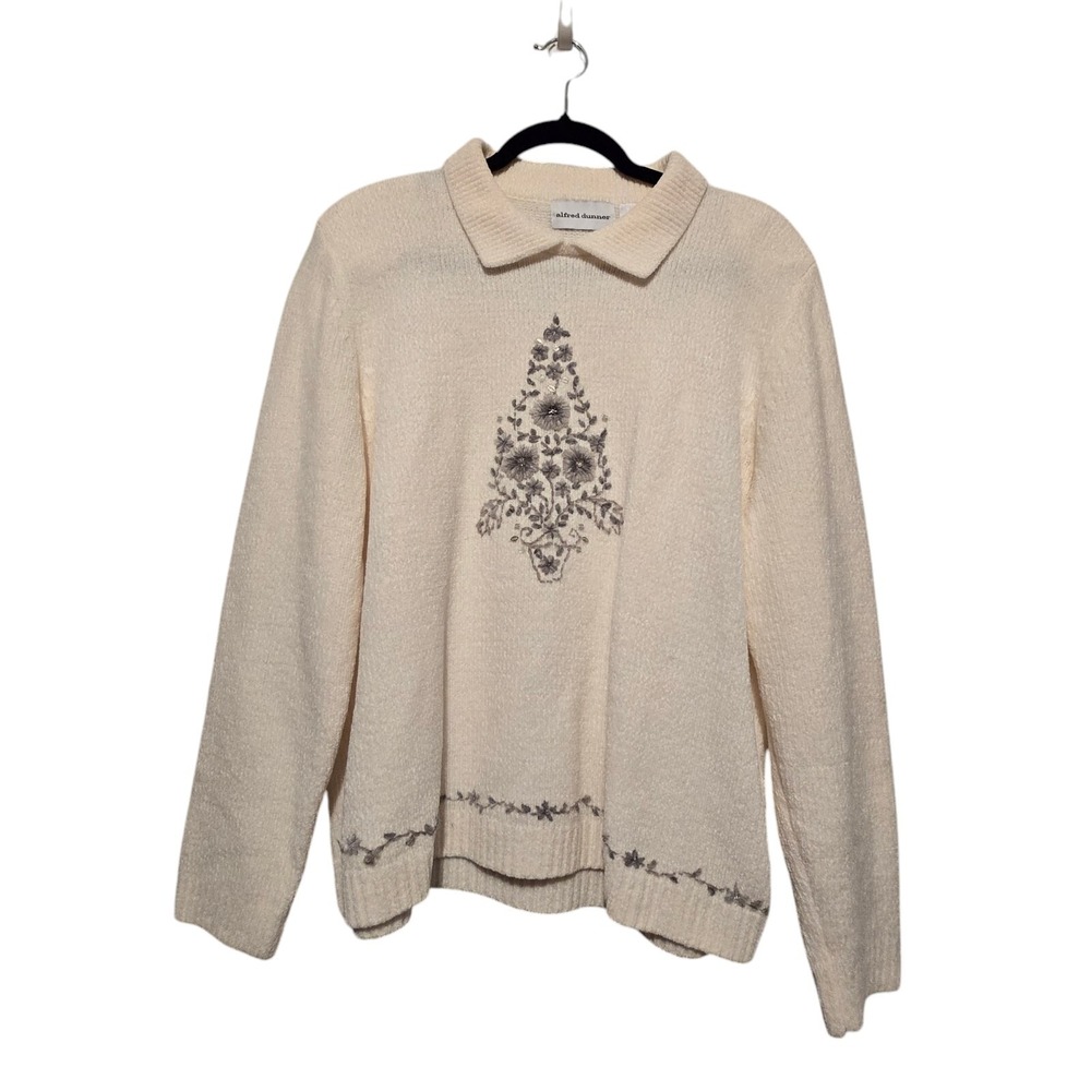 Alfred Dunner Christmas Tree Sweater Womens LG Cream Embroidered Grandma Retro